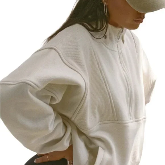 JOAH BROWN Retro Half Zip Pullover NWT Off White Luxe French Terry Oversized M/L - Picture 3 of 11